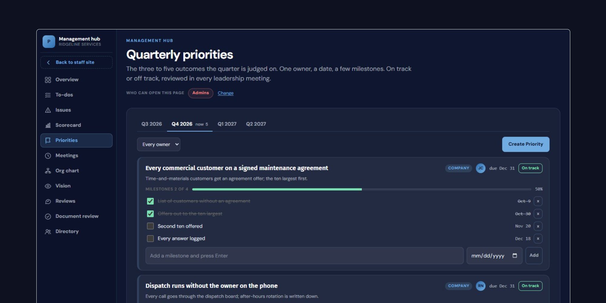 Quarterly priorities with owners, milestones and progress