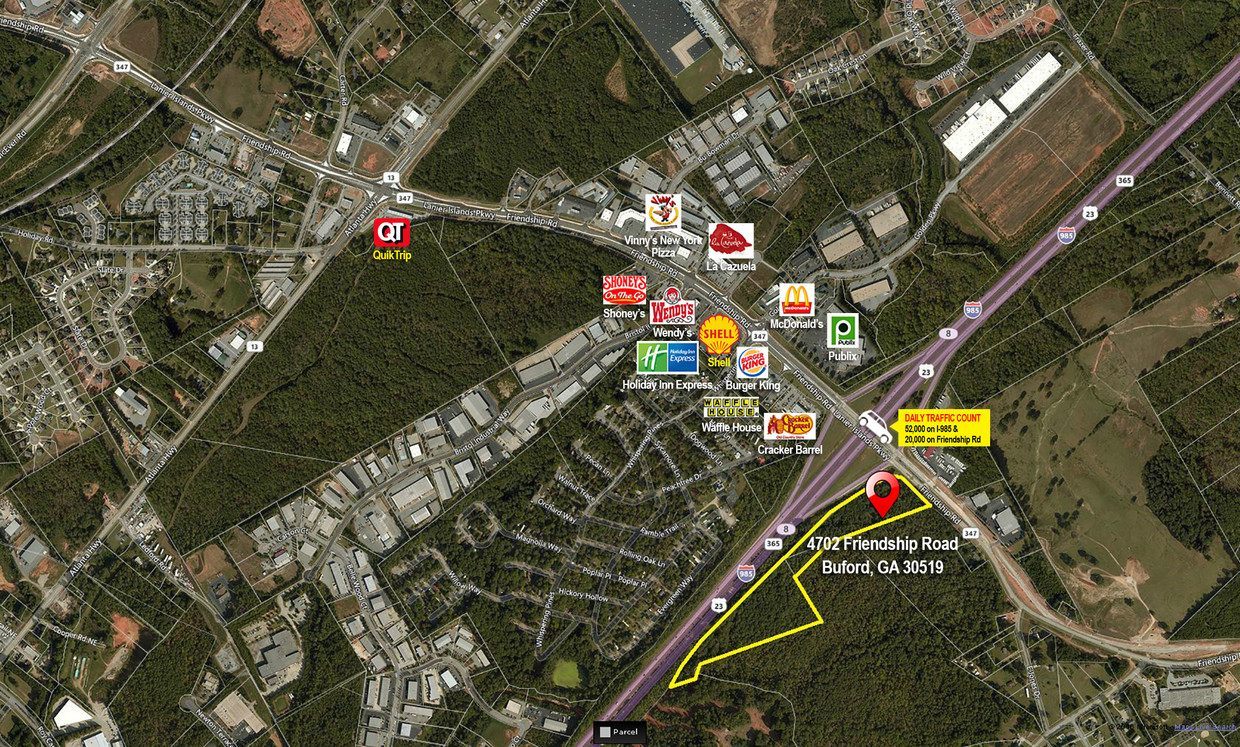 Parcel boundary of 4702 Friendship Road, Buford, Georgia, at the I-985 interchange