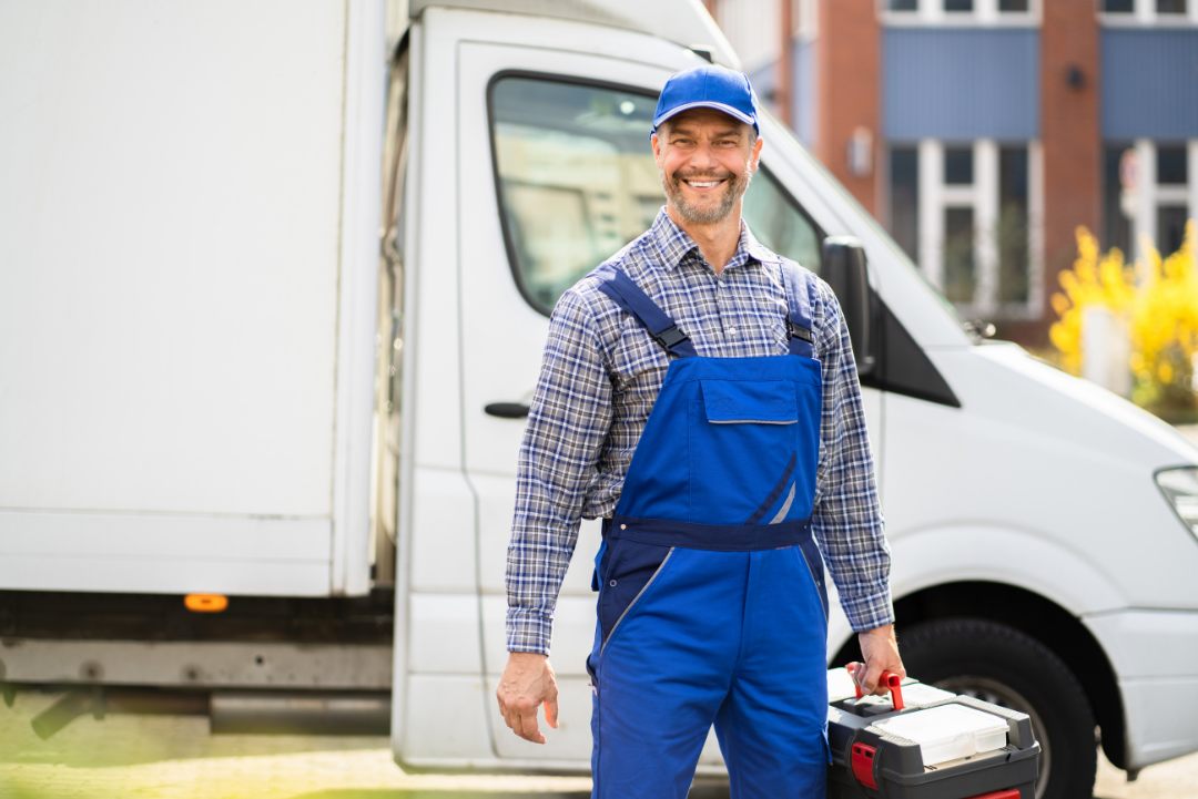 A home services technician at a work van