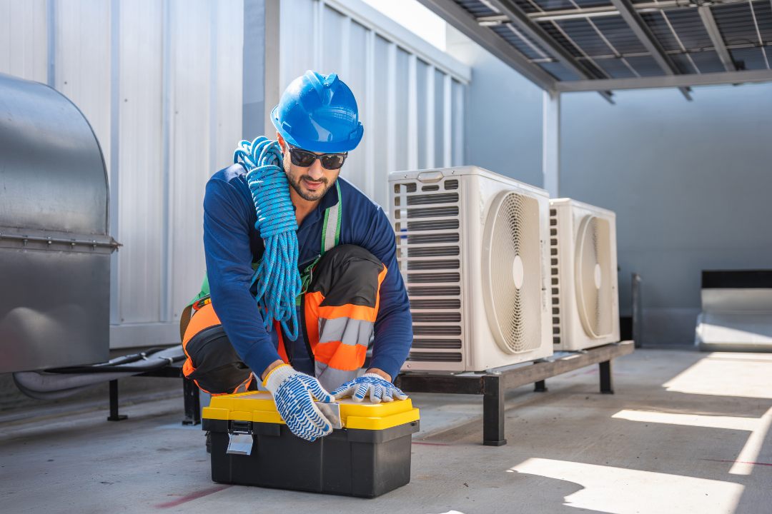 An HVAC technician working on rooftop units