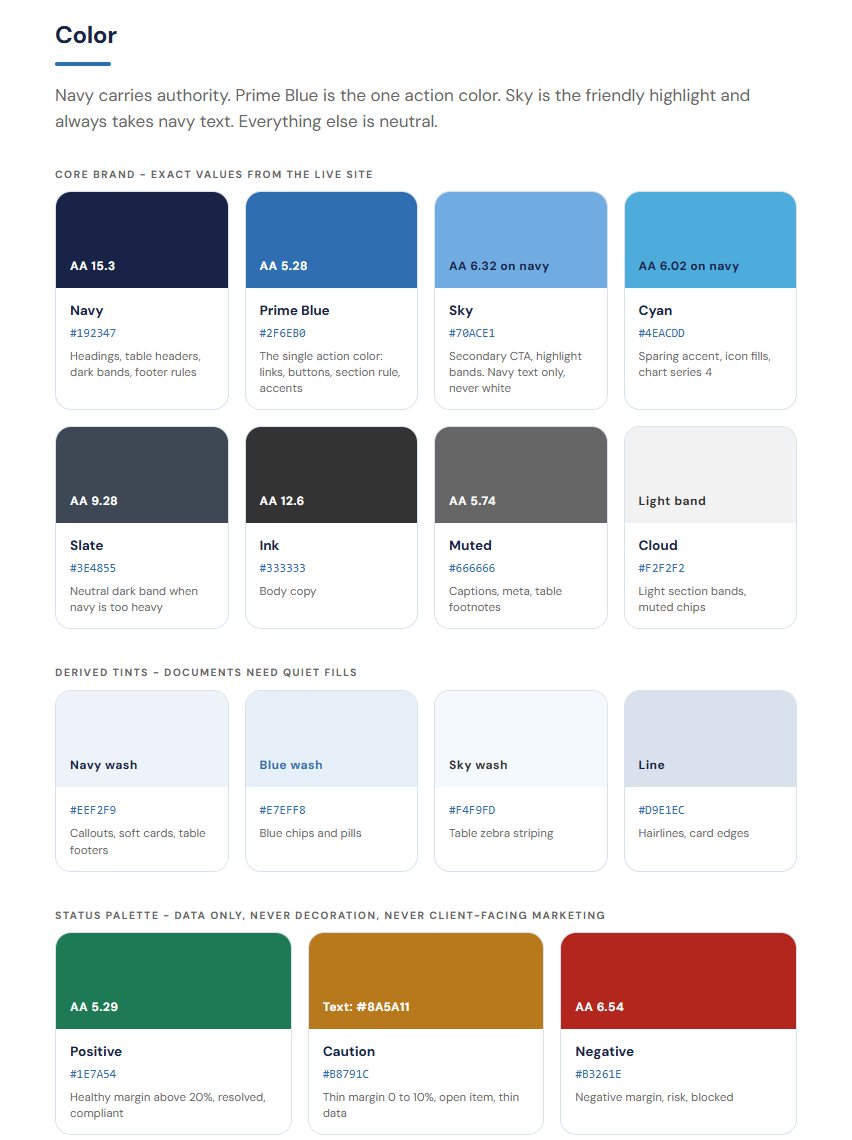 The color section of Prime Sweeping's Brand and Document System, showing navy, Prime Blue, Sky and the neutrals with the job each one does