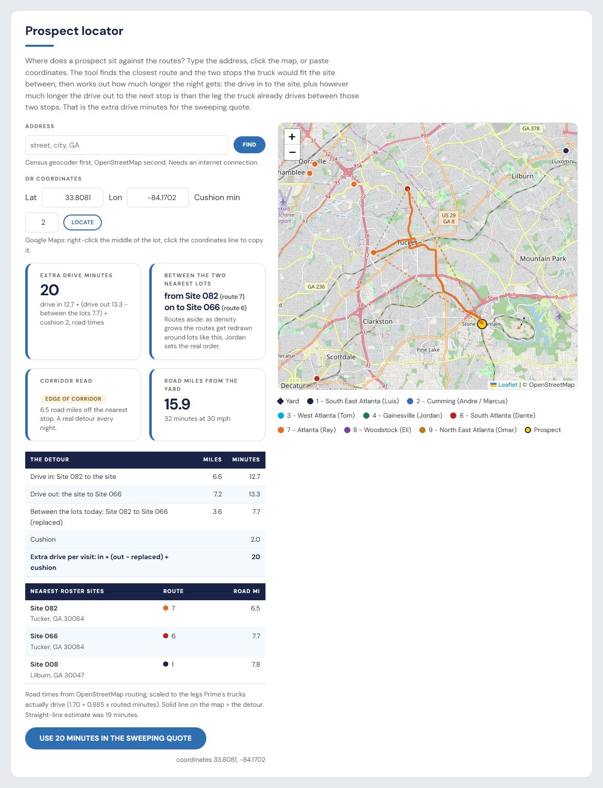 The prospect locator: the two nearest lots, the detour on the map and the extra drive minutes