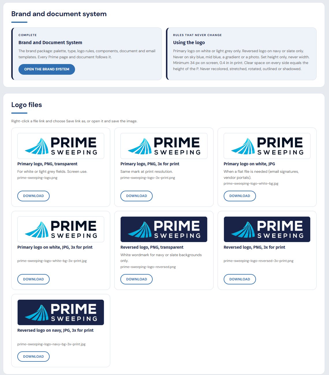 The logo files on Prime Sweeping's Marketing and brand page, each version with a note on when to use it