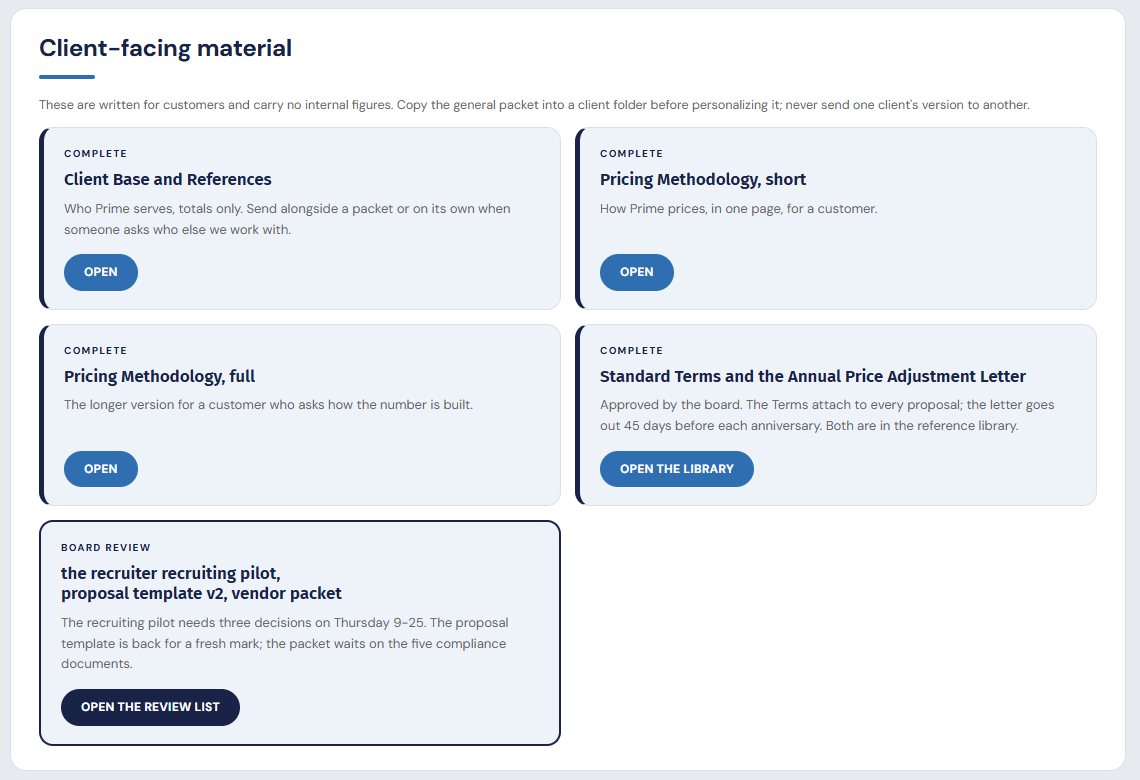 The client-facing material section of the marketing page on Prime Sweeping's staff site
