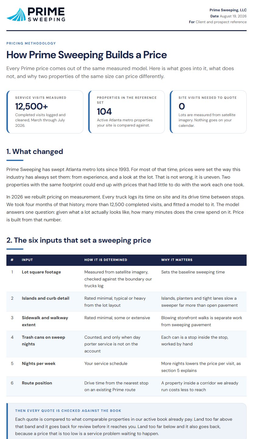 How Prime Sweeping Builds a Price, the client-facing pricing explainer