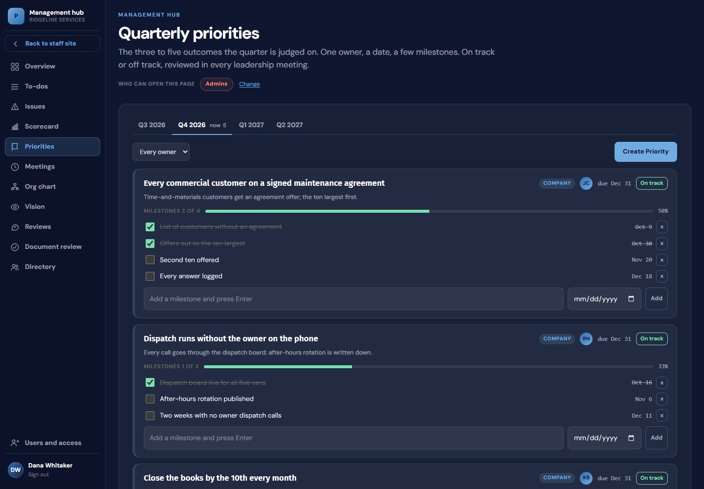 Quarterly priorities with owners, due dates, milestones and progress bars