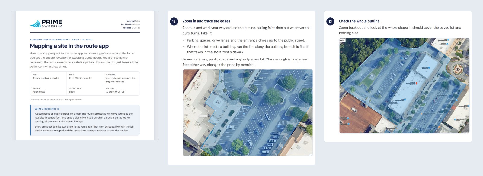 Prime's site mapping procedure: the header with who, time and owner, then the steps that trace the lot on a satellite picture