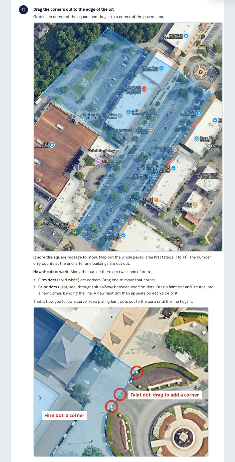 Step 11 of Prime's site mapping procedure: the lot outlined on a satellite picture, the instructions, and a close-up marking firm and faint dots