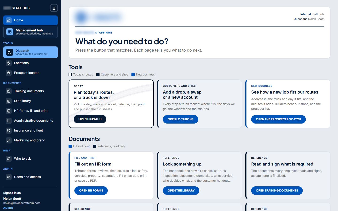 A waste hauler's staff site home page