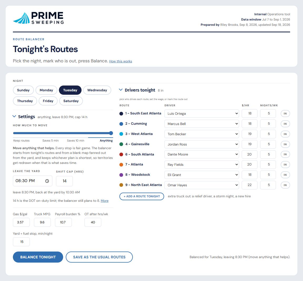 The Route Balancer planner: night, drivers tonight and settings