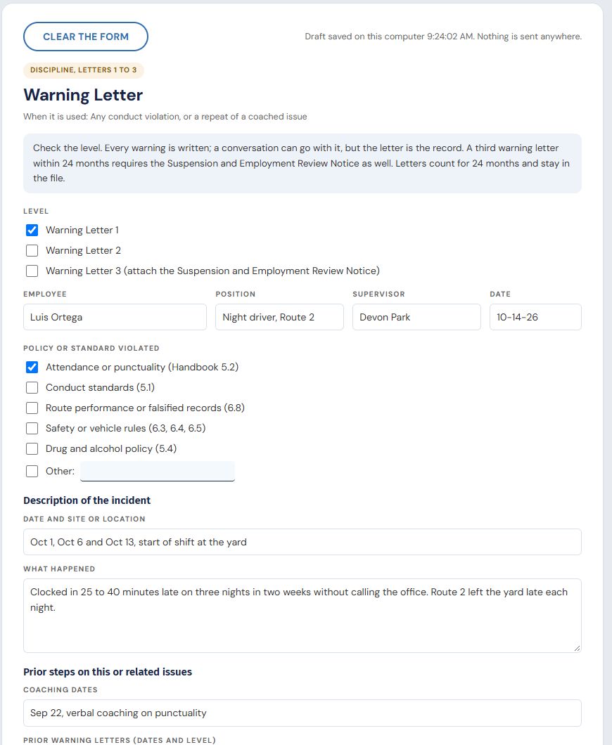 A warning letter filled in on screen
