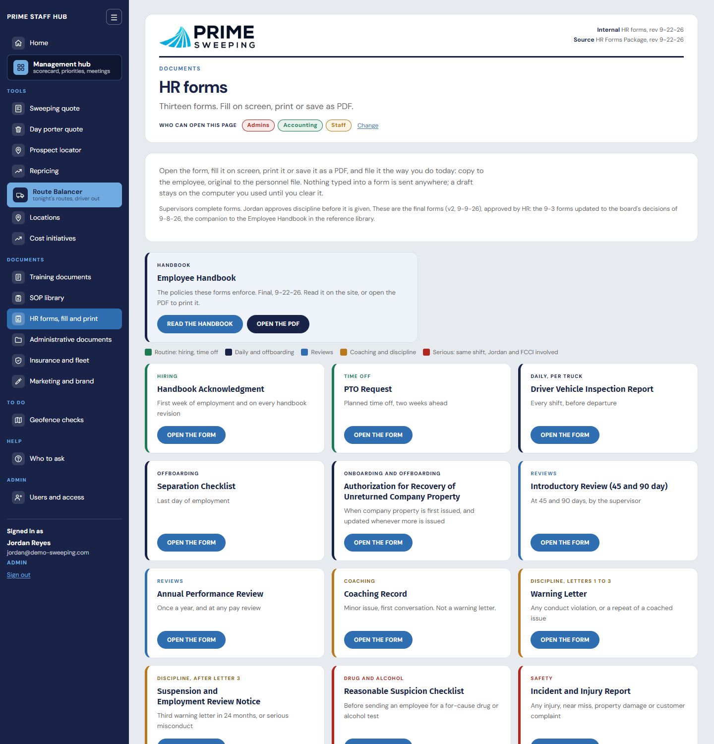 The HR forms index grouped by how serious each form is