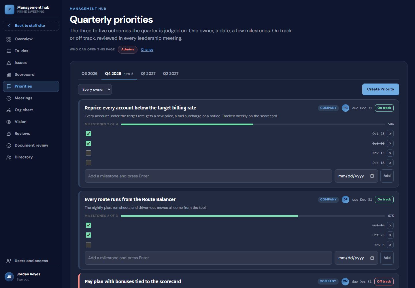 Quarterly priorities with milestones and progress bars