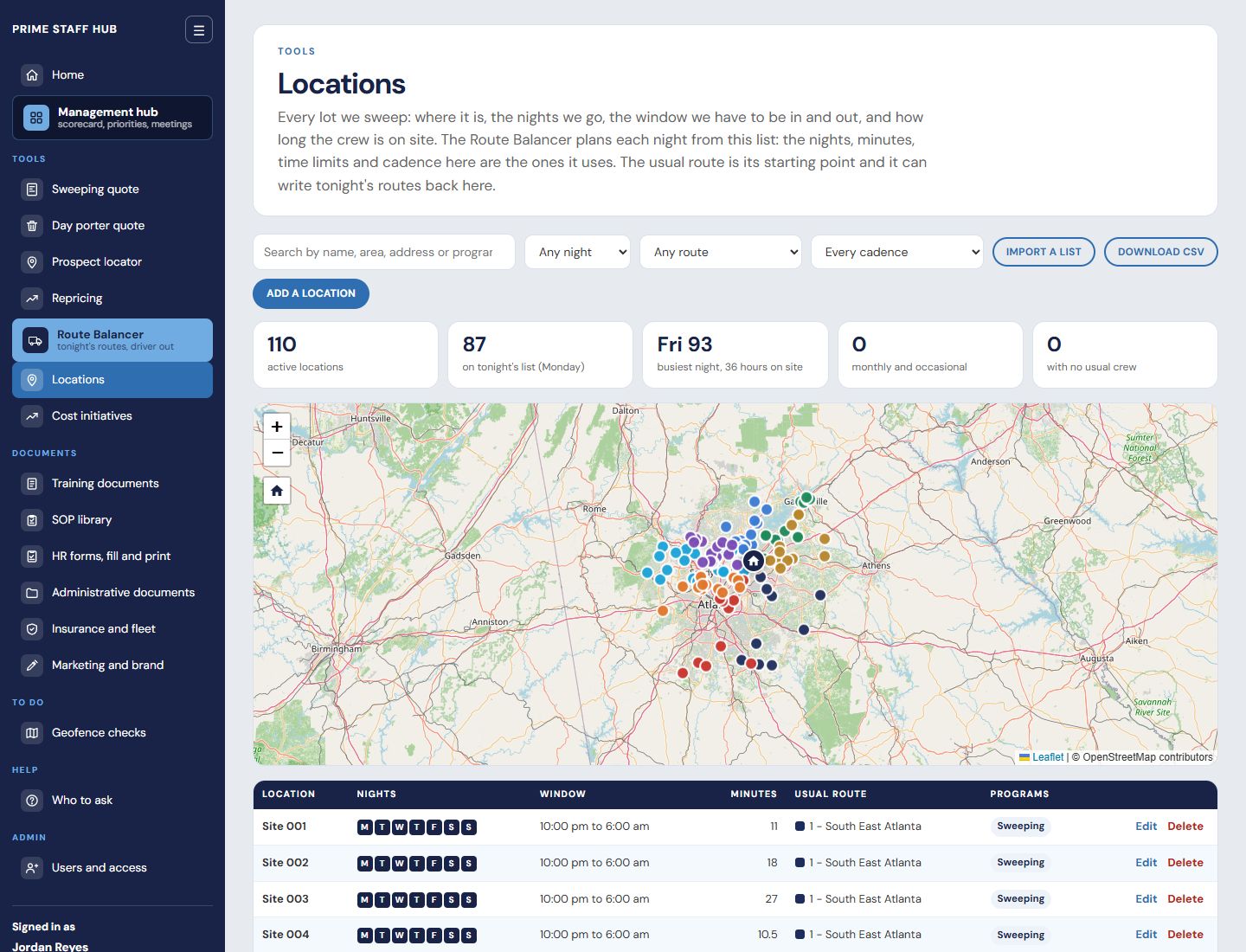 Locations: every stop on a map and in a table with nights, window and route