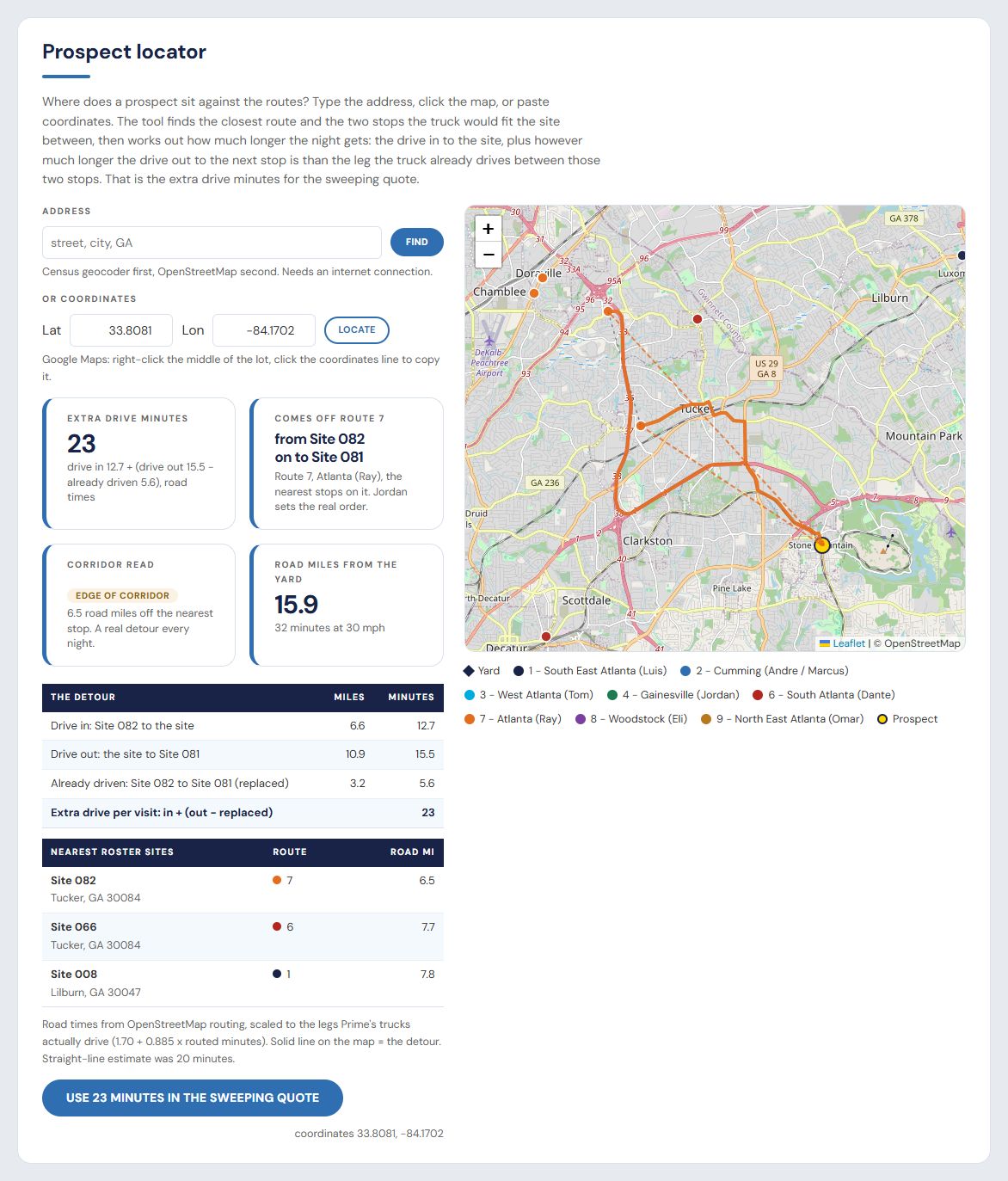 Prospect locator with a site placed off the nearest route