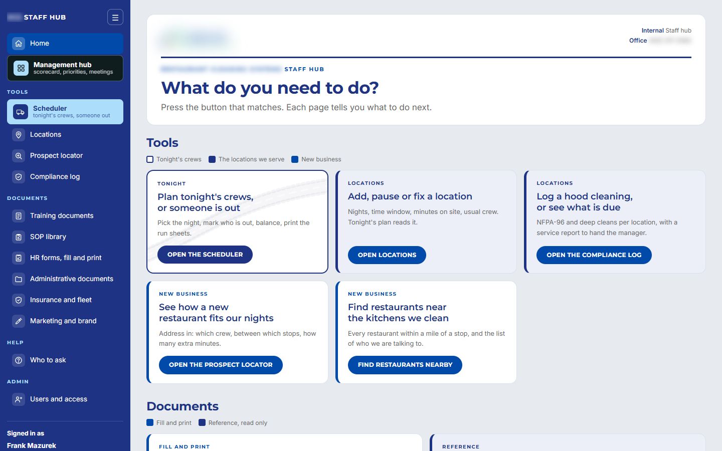 A restaurant cleaning company's staff site home page