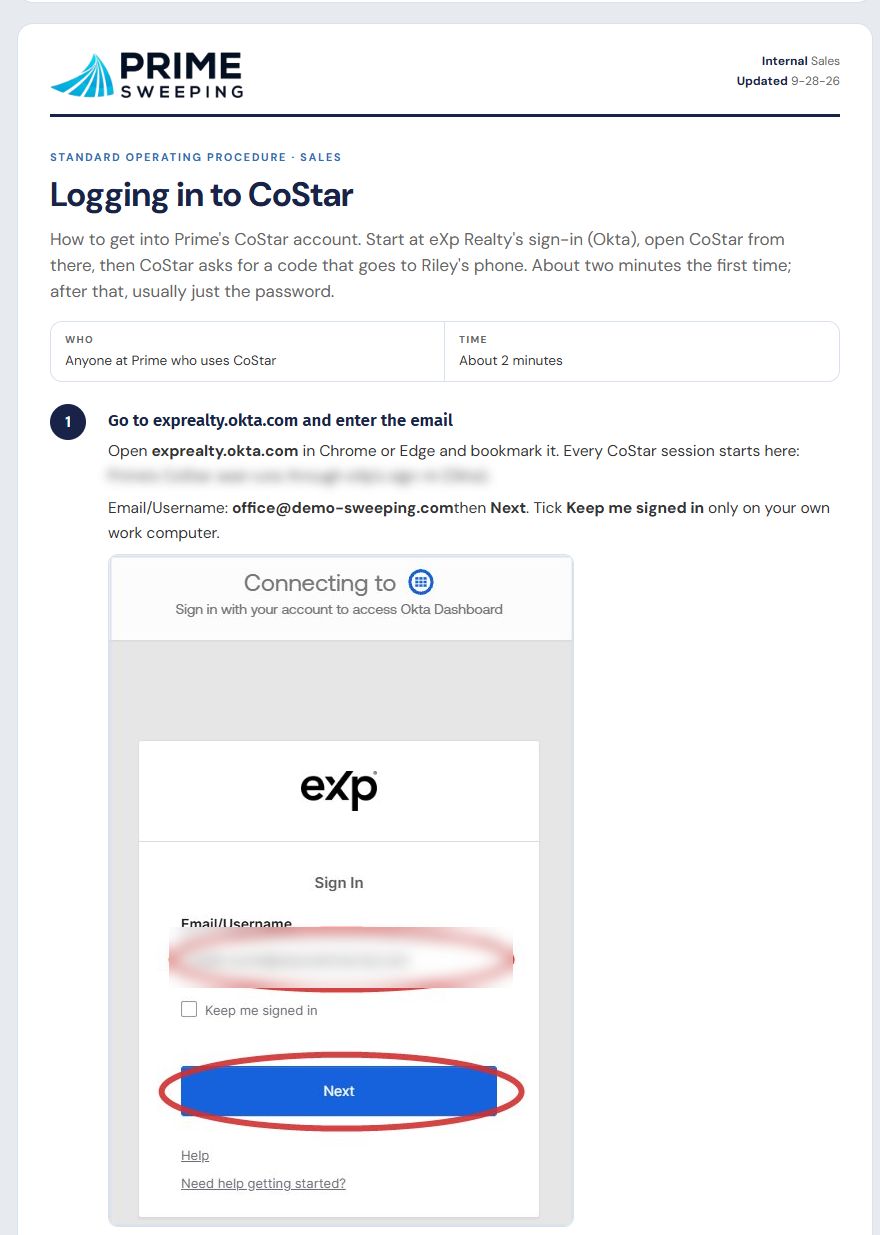 A published procedure: purpose, who and how long, and step 1 with an annotated screenshot